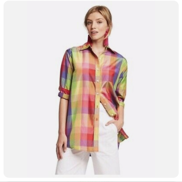 Isaac Mizrahi Tops - Isaac Mizrahi | Silk Blouse Rainbow Plaid Button Down Women’s Top (For Target)